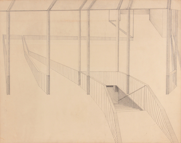 Subway Escalator Down Beams and Paths - Graphite on Paper - 22.75x28