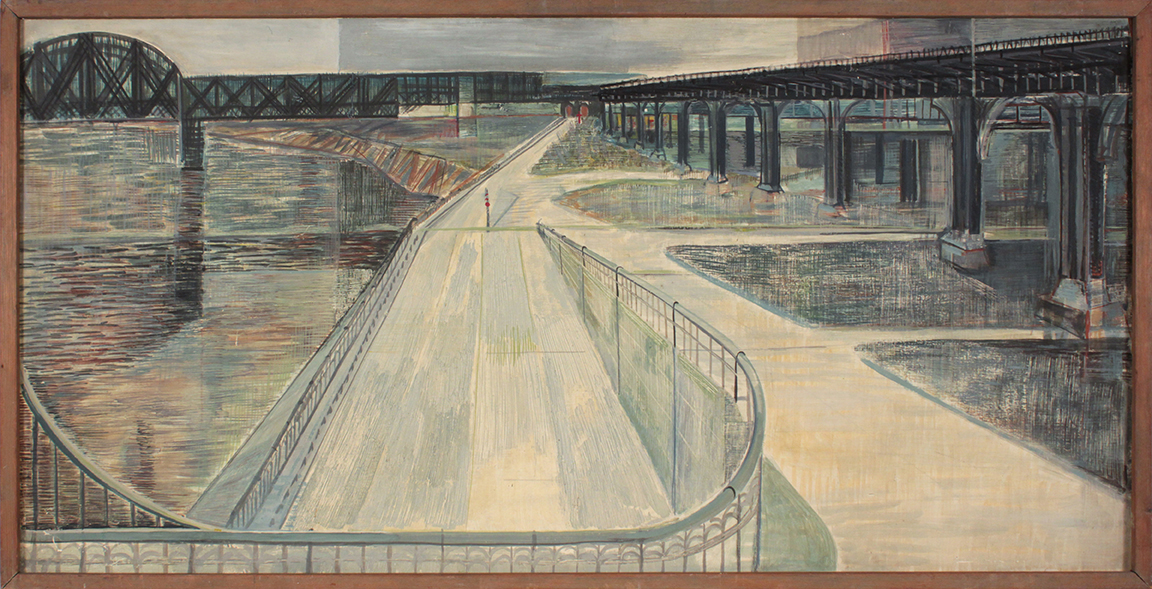 1950-Railroad Bridge-Oil and Caseine on Masonite-25.25” x 49.25”